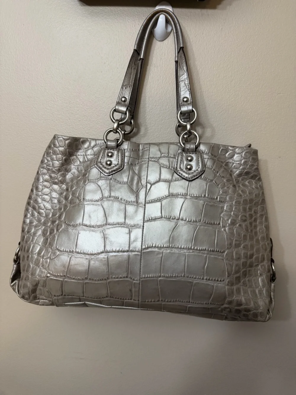 Coach Metallic Silver Croc-Embossed Tote#F20345